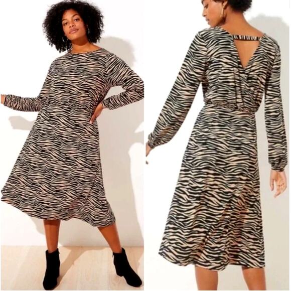 Ann Taylor Loft 14 Animal Print Long Sleeve Midi Dress Tiger Stripes Brown Black - Picture 1 of 10